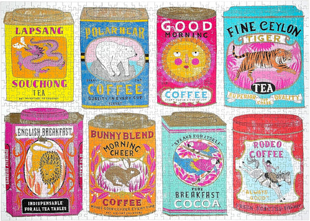 A happily 1000-piece jigsaw puzzle "hot stuff" with illustrations of vintage coffee and tea tins in vibrant colors.