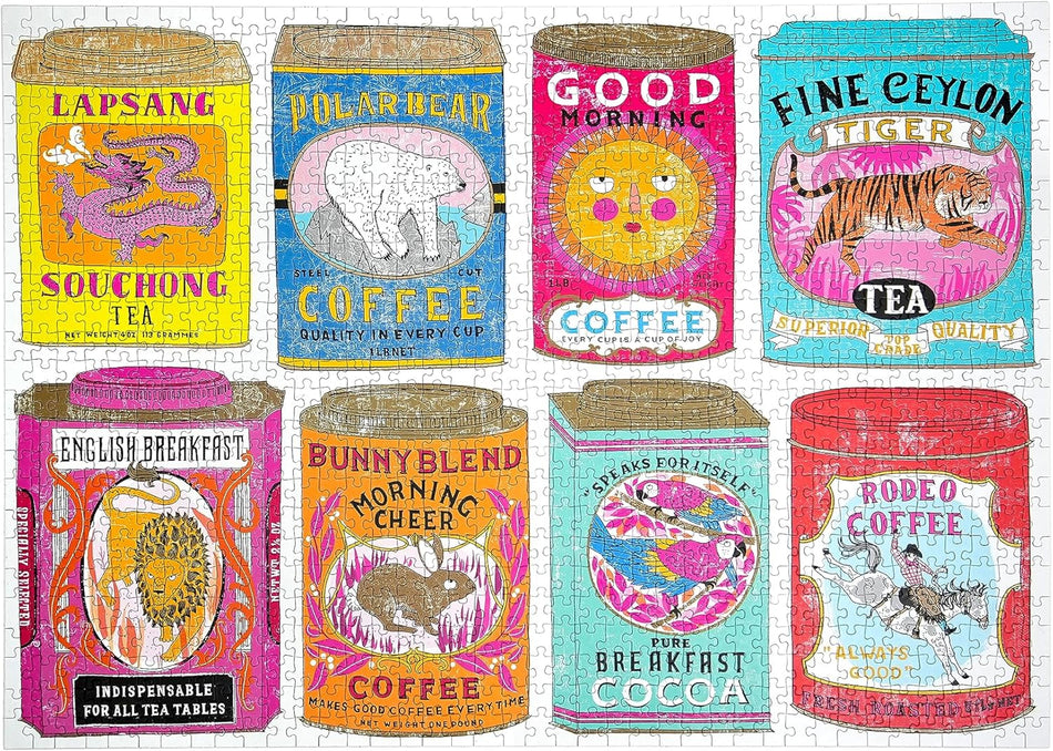 A happily 1000-piece jigsaw puzzle "hot stuff" with illustrations of vintage coffee and tea tins in vibrant colors.