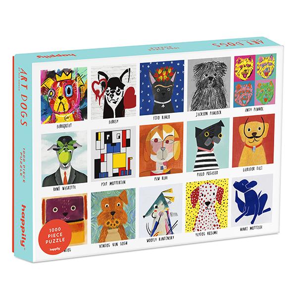box of art dogs happily 1000-piece jigsaw puzzle featuring a variety of colorful and stylized dog illustrations