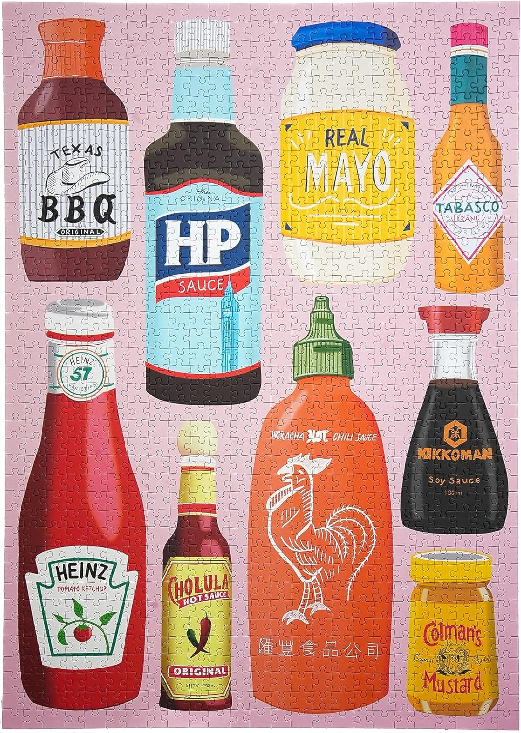 "saucy" 1000-piece jigsaw puzzle from happily of various condiments including ketchup, mayonnaise, and mustard.