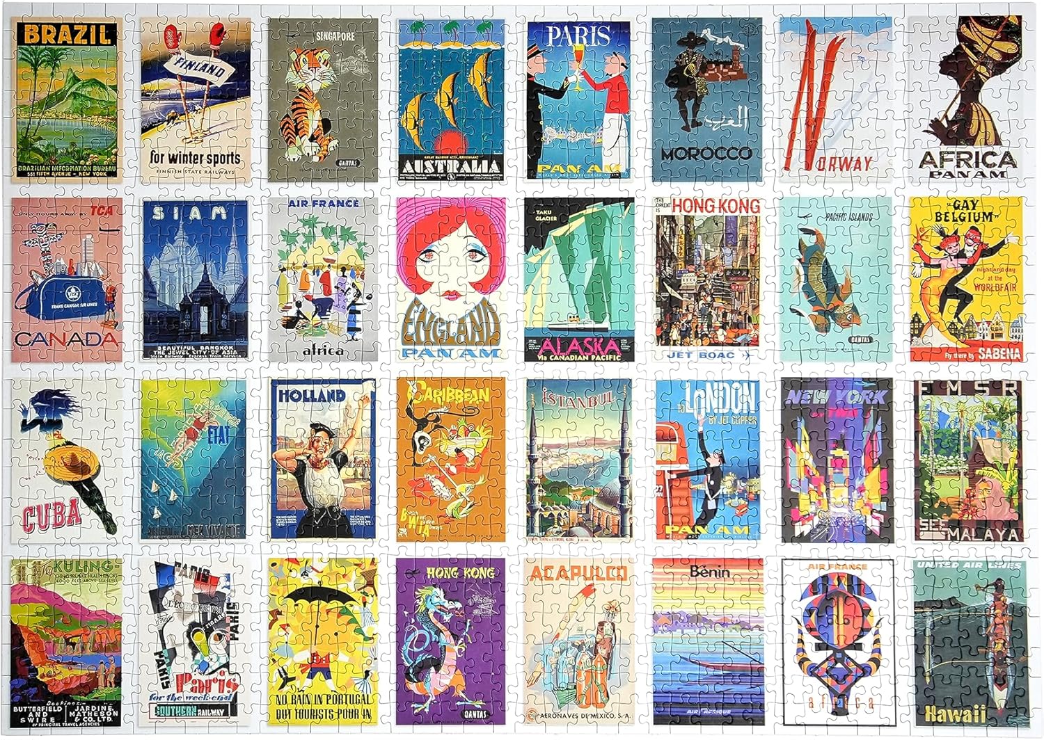 A collection of happily jigsaw puzzle pieces each depicting a different travel destination with vibrant, colorful artwork.
