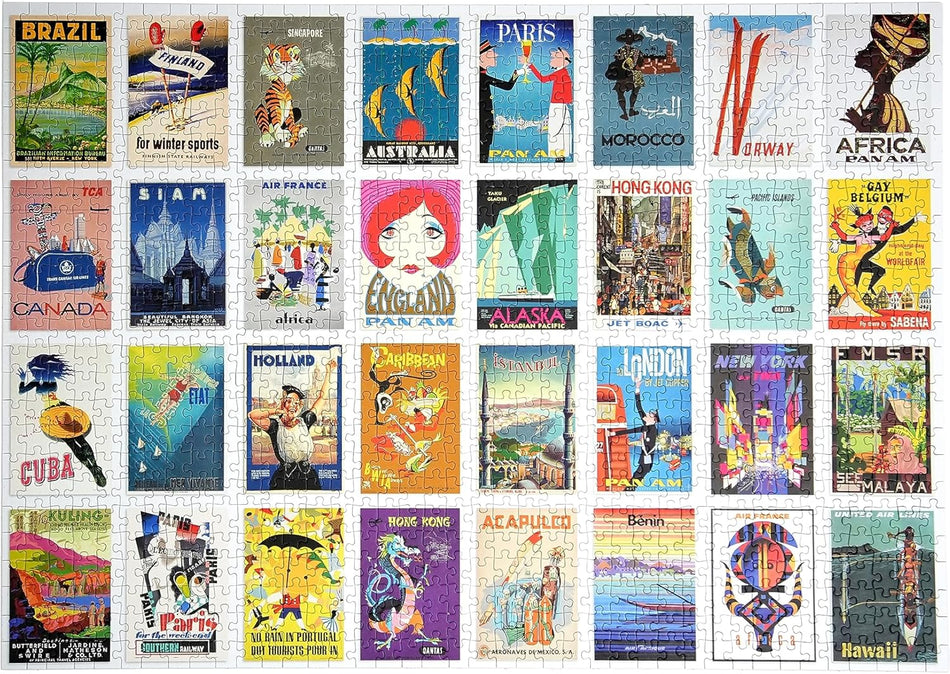 A collection of happily jigsaw puzzle pieces each depicting a different travel destination with vibrant, colorful artwork.