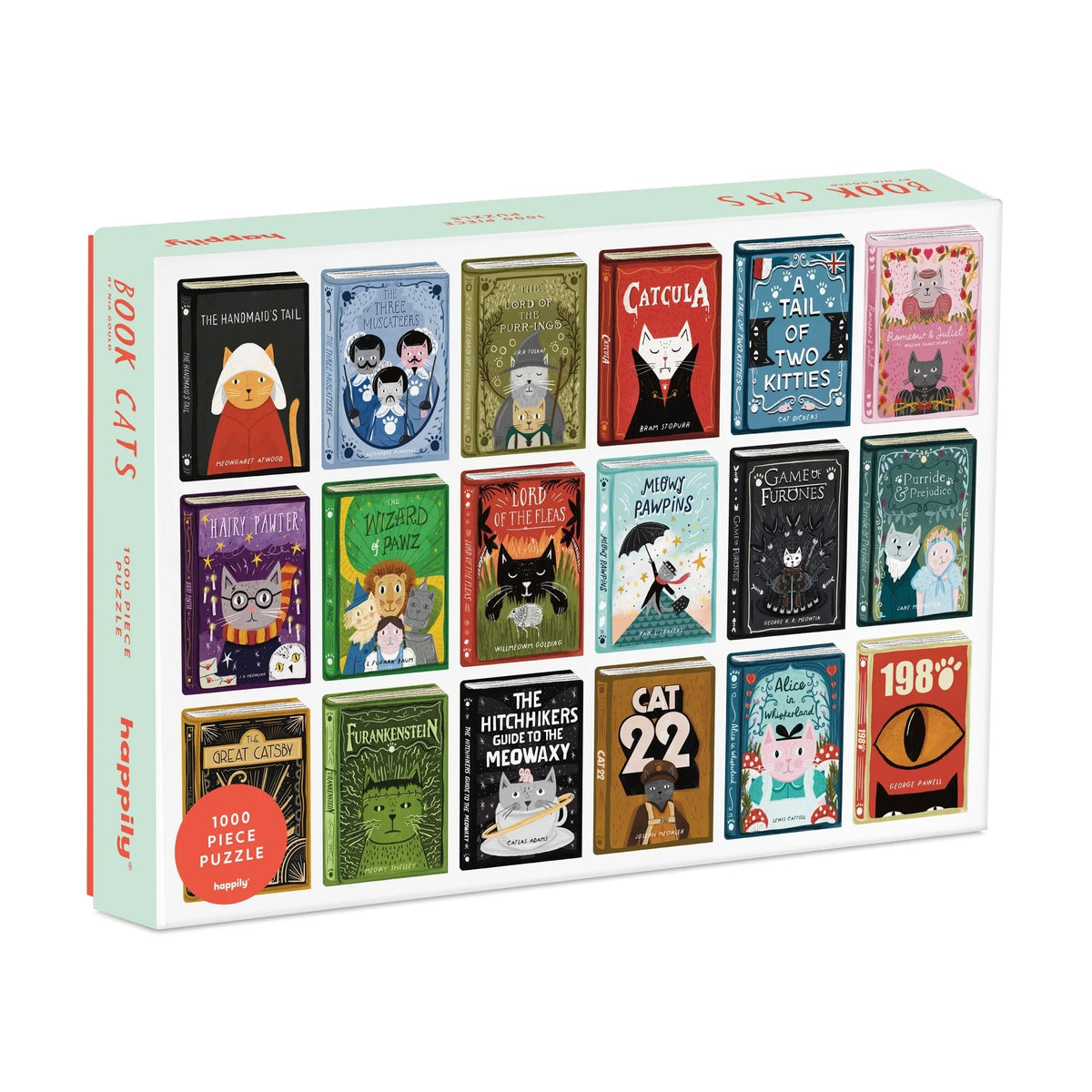 Box of 'book cats' 1000-piece jigsaw puzzle with various cat-themed book cover illustrations by happily