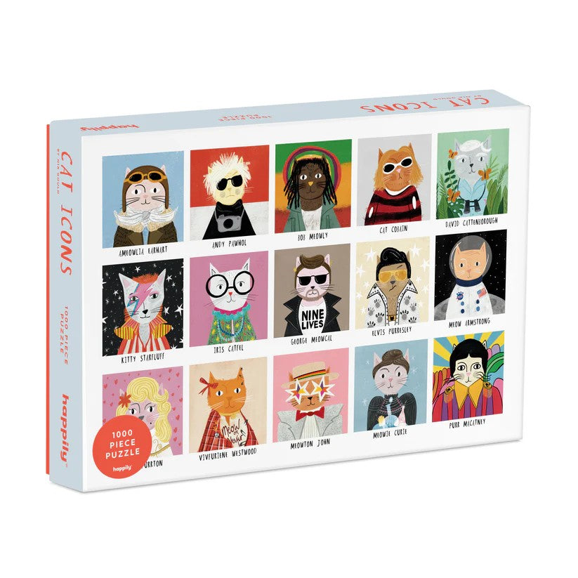 happily "cat icons" Box of jigsaw puzzle featuring illustrated cat characters as popular icons