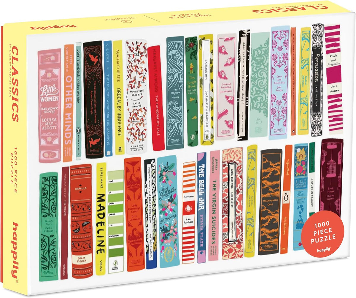 happily 1000-piece jigsaw Puzzle box with colorful "classics" book spines design