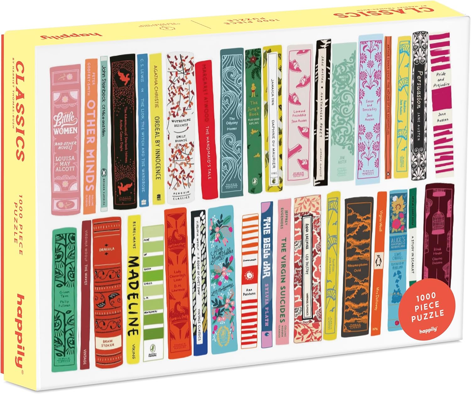 happily 1000-piece jigsaw Puzzle box with colorful "classics" book spines design
