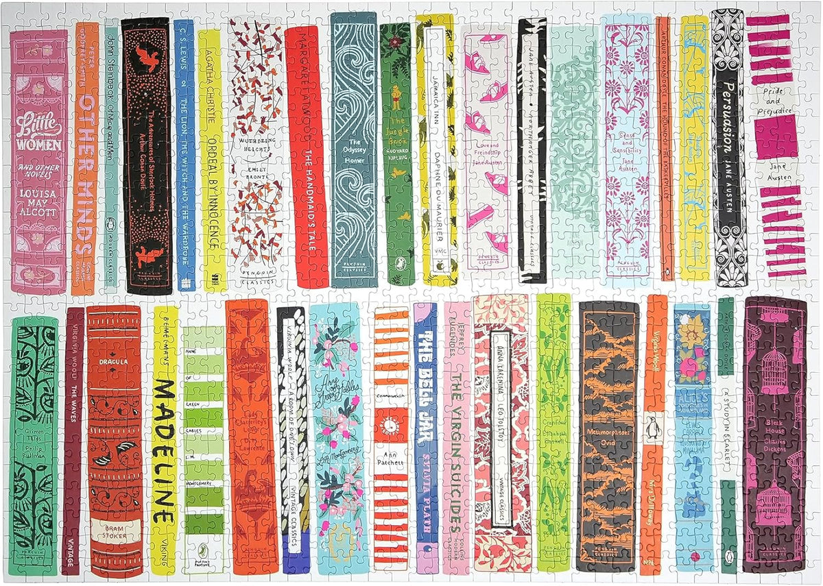 A collection of classic book spines illustrated on a 1000-piece jigsaw puzzle by happily