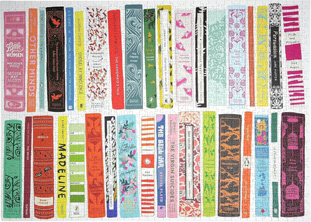 A collection of classic book spines illustrated on a 1000-piece jigsaw puzzle by happily