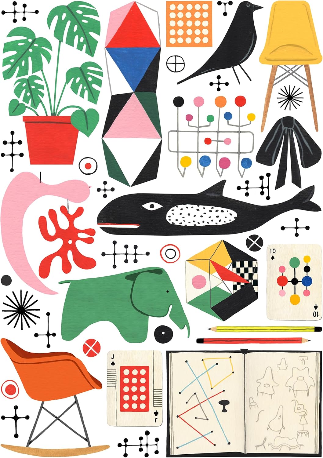 1000-piece jigsaw puzzle "Eames" from happily featuring colorful abstract design with geometric shapes, animals, and furniture.