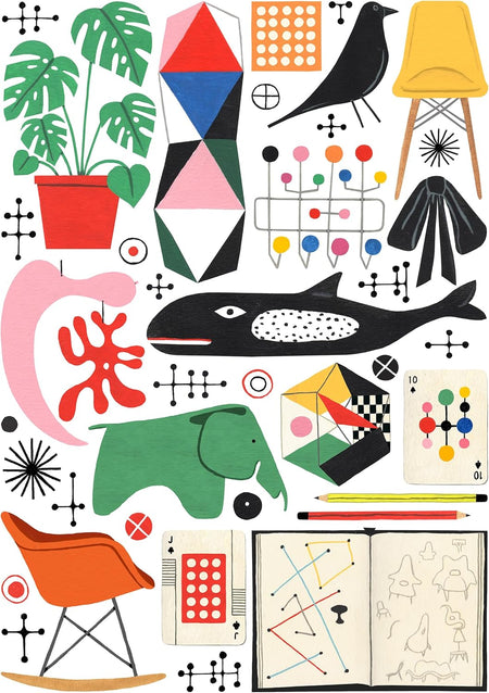 1000-piece jigsaw puzzle "Eames" from happily featuring colorful abstract design with geometric shapes, animals, and furniture.