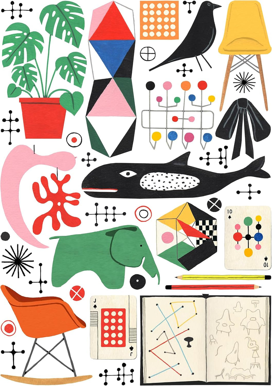 1000-piece jigsaw puzzle "Eames" from happily featuring colorful abstract design with geometric shapes, animals, and furniture.