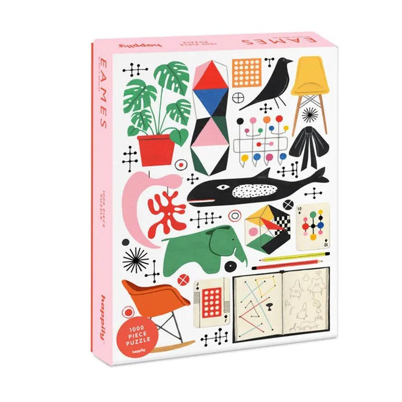 happily "eames" 1000-piece jigsaw Puzzle box with colorful geometric and abstract designs on a white background
