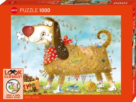 heye look closely at the dog 1000-piece jigsaw puzzle box depicting a dog with a red bow and various cartoonish elements such as bones and toys.