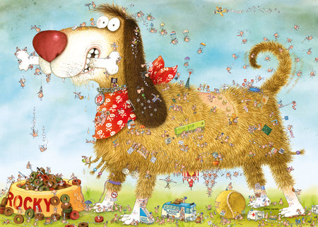 heye look closely at the dog 1000-piece jigsaw puzzle depicting a dog with a red bow and various cartoonish elements such as bones and toys.