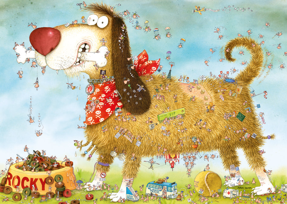 heye look closely at the dog 1000-piece jigsaw puzzle depicting a dog with a red bow and various cartoonish elements such as bones and toys.
