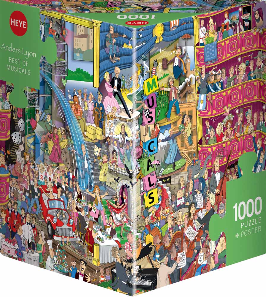 A colorful 1000-piece jigsaw puzzle box depicting various cartoon characters and elements related to musicals from Heye