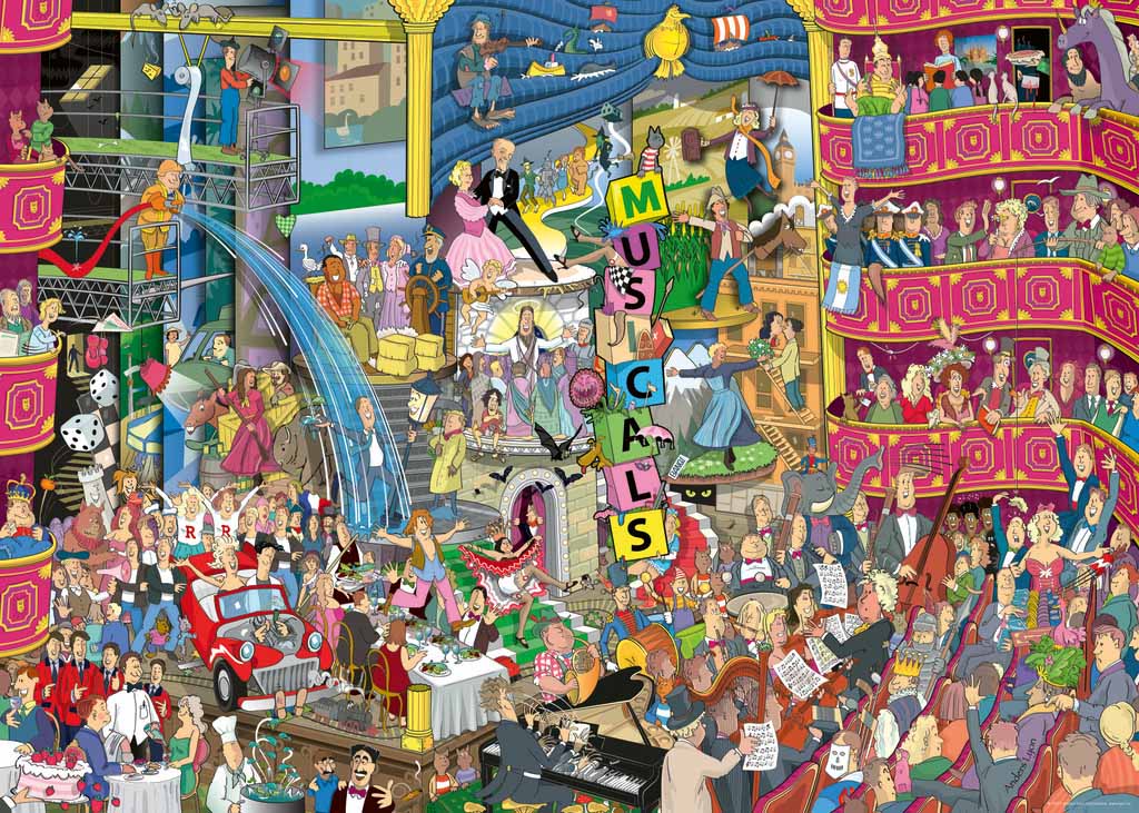 A colorful 1000-piece jigsaw puzzle depicting various cartoon characters and elements related to musicals from Heye
