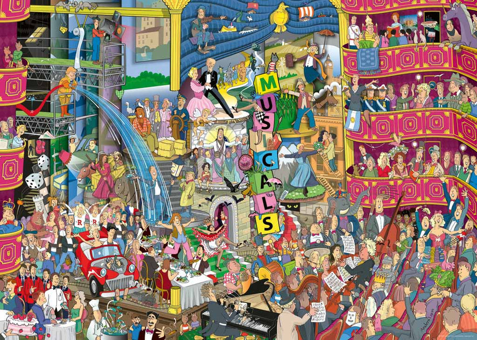 A colorful 1000-piece jigsaw puzzle depicting various cartoon characters and elements related to musicals from Heye