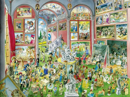 heye masterpieces 1500-piece jigsaw puzzle of a crowded room of art and people