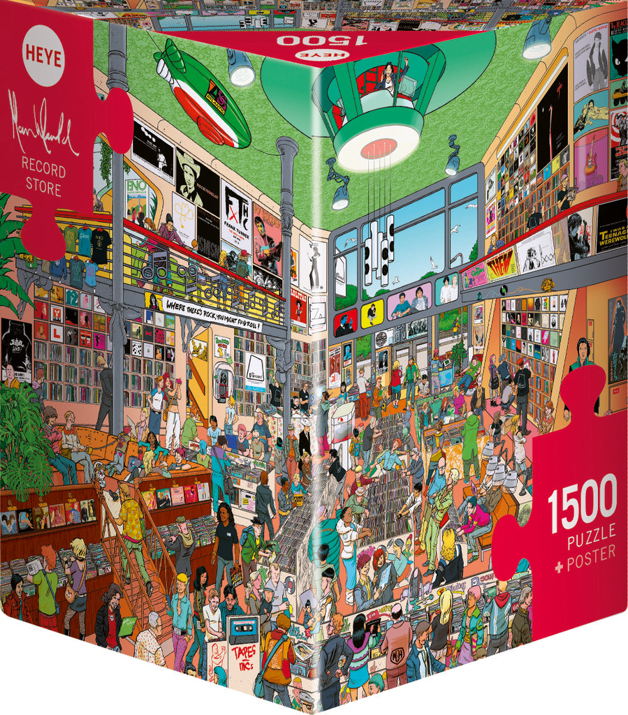 1500-piece jigsaw puzzle box from Heye depicting a vibrant scene with numerous characters and details in a busy record store.