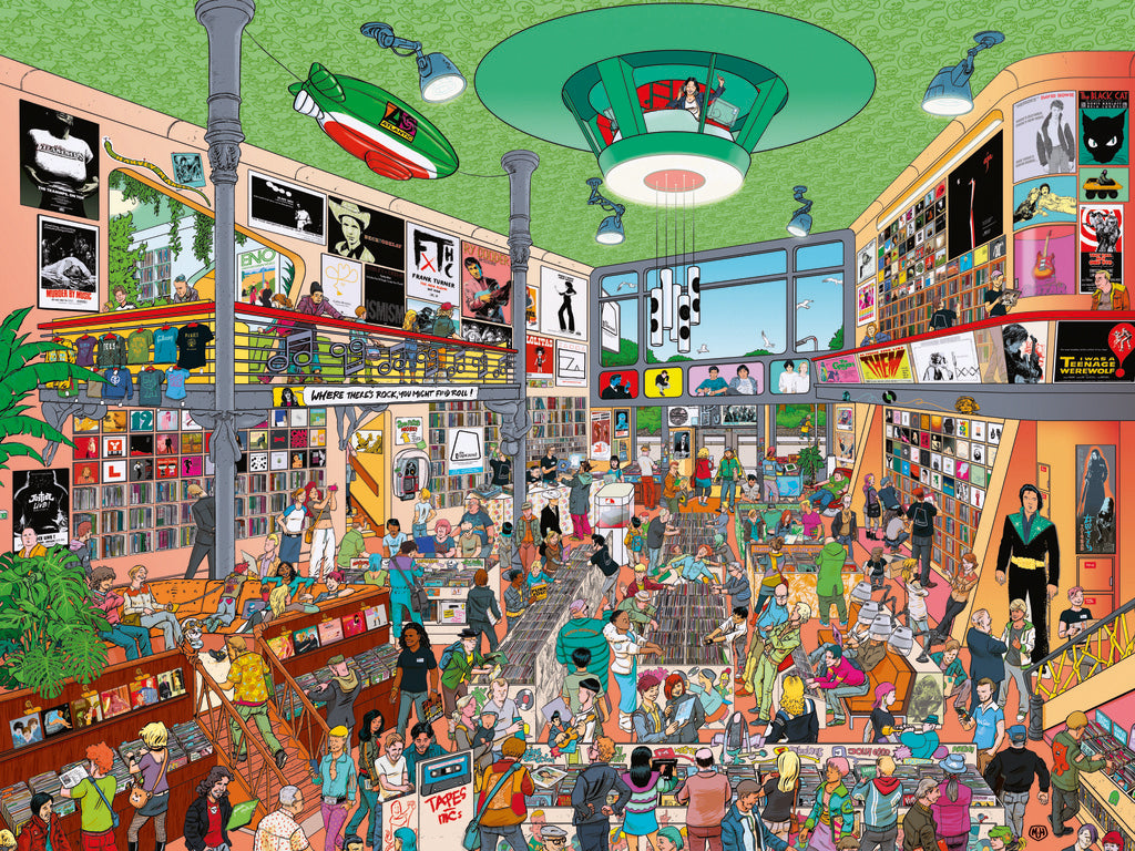 A 1500-piece jigsaw puzzle from Heye depicting a vibrant scene with numerous characters and details in a busy record store.