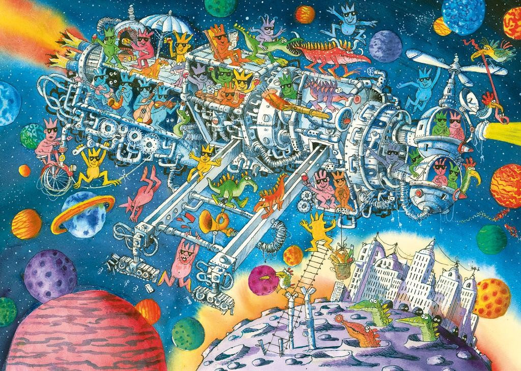 Colorful heye aliens welcome! jigsaw puzzle of a spaceship traveling through space with aliens