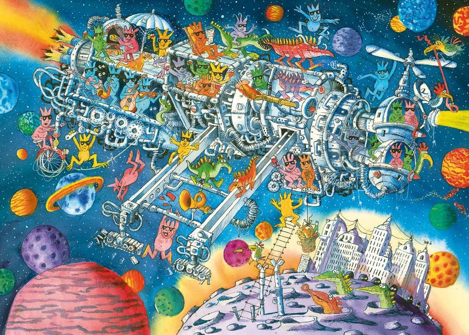 Colorful heye aliens welcome! jigsaw puzzle of a spaceship traveling through space with aliens