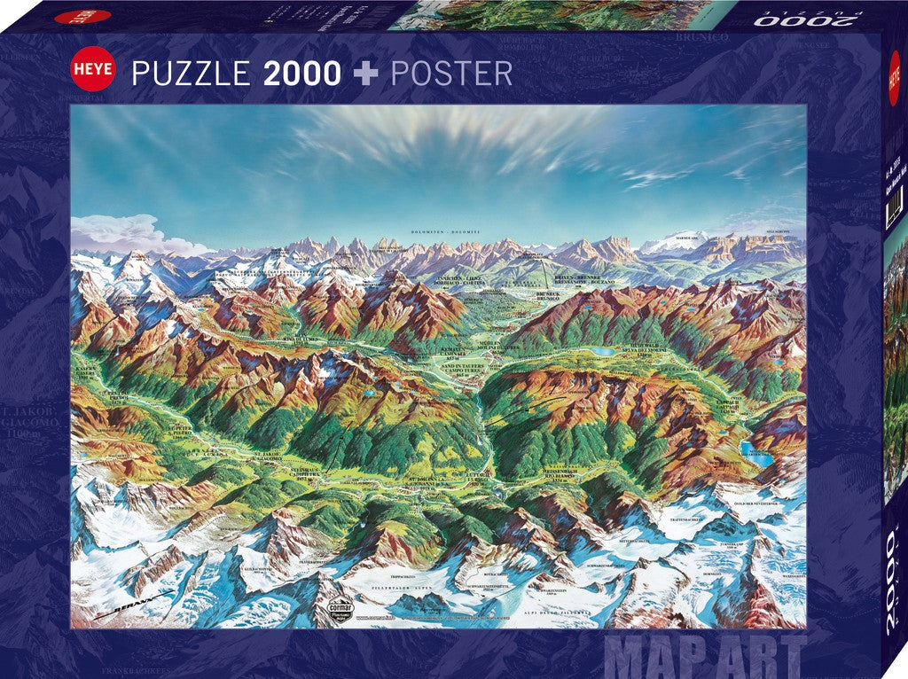 HEYE puzzle packaging with mountain landscape illustration and 'Puzzle 2000 + Poster' text.