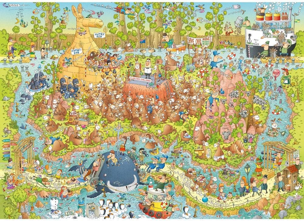 heye 1000-piece jigsaw puzzle depicting a vibrant Australian habitat scene with various animals such as kangaroos and a koala, as well as everyday Australian landscapes and characters.