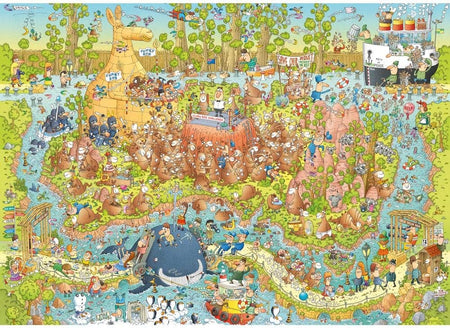 heye 1000-piece jigsaw puzzle depicting a vibrant Australian habitat scene with various animals such as kangaroos and a koala, as well as everyday Australian landscapes and characters.
