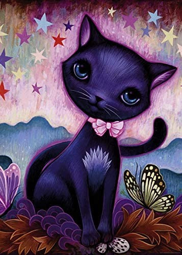 A heye 1000-piece jigsaw puzzle "black kitty" depicting a black kitten with a pink bow, surrounded by stars, butterflies and a landscape with blue hills, pink sky and yellow grass.