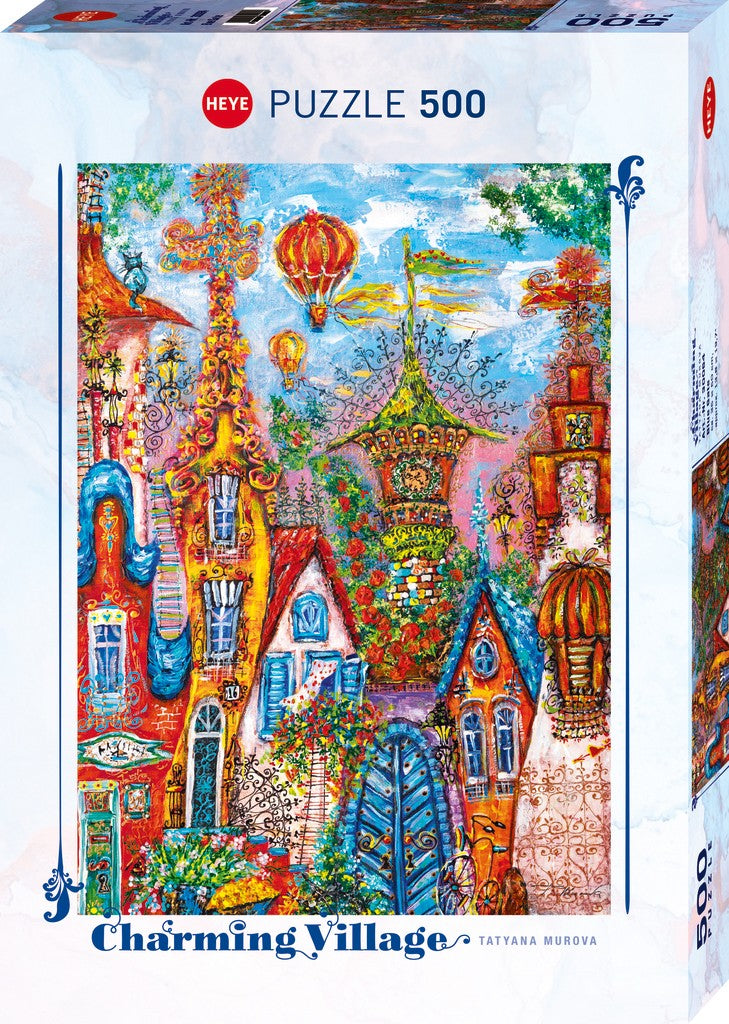 HEYE puzzle box with colorful village illustration and 'Charming Village' text
