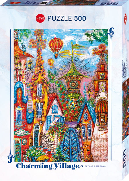HEYE puzzle box with colorful village illustration and 'Charming Village' text