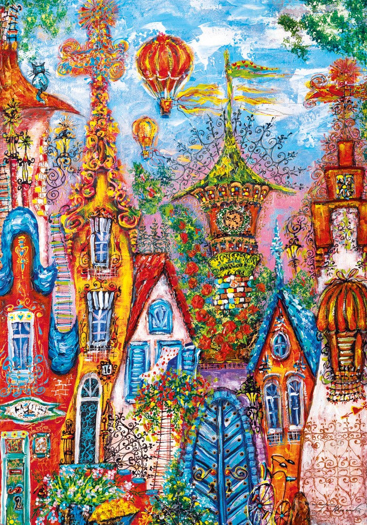 Colorful heye blue gate 500-piece jigsaw puzzle illustration of a whimsical village with houses and a hot air balloon.
