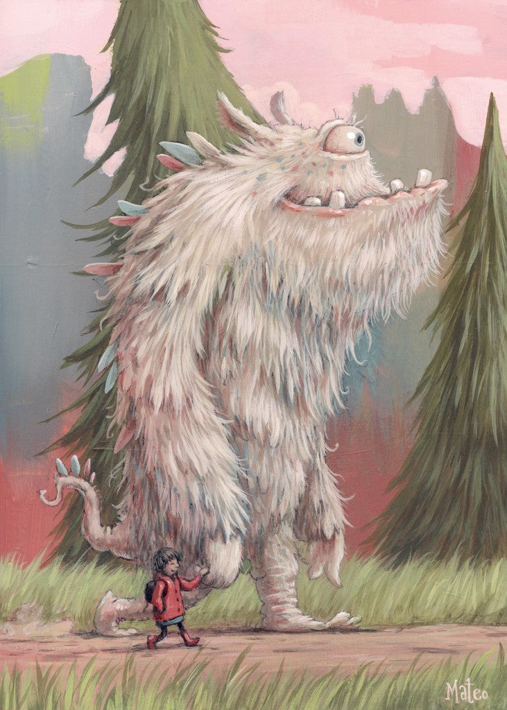 heye chaperone jigsaw puzzle Illustration of a large creature and a small person walking together in a forest setting