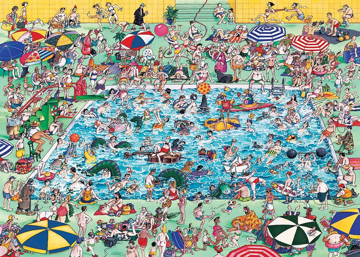 heye 1000-piece "cool down" jigsaw puzzle depicting a vibrant scene with many people around a pool, with humorous elements such as a character typing on a laptop and a Loch Ness Monster appearing.
