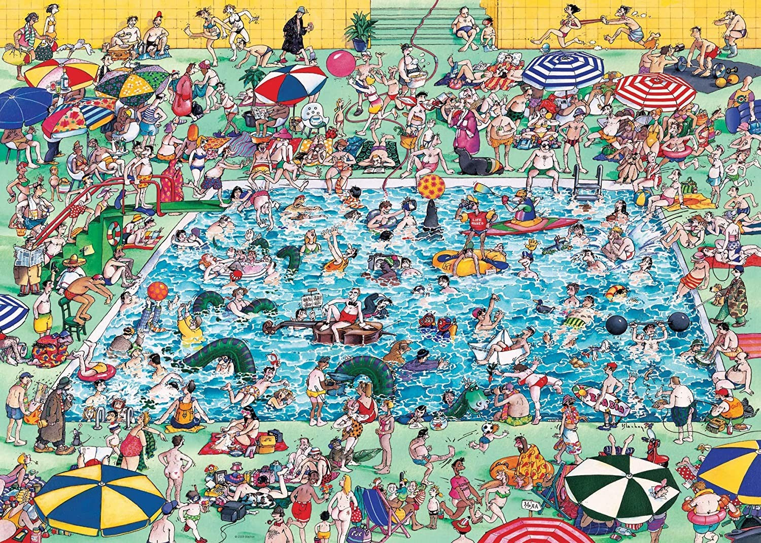 heye 1000-piece "cool down" jigsaw puzzle depicting a vibrant scene with many people around a pool, with humorous elements such as a character typing on a laptop and a Loch Ness Monster appearing.