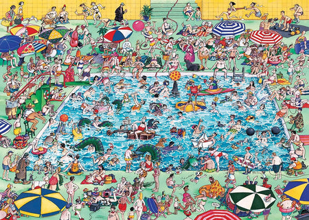 heye 1000-piece "cool down" jigsaw puzzle depicting a vibrant scene with many people around a pool, with humorous elements such as a character typing on a laptop and a Loch Ness Monster appearing.