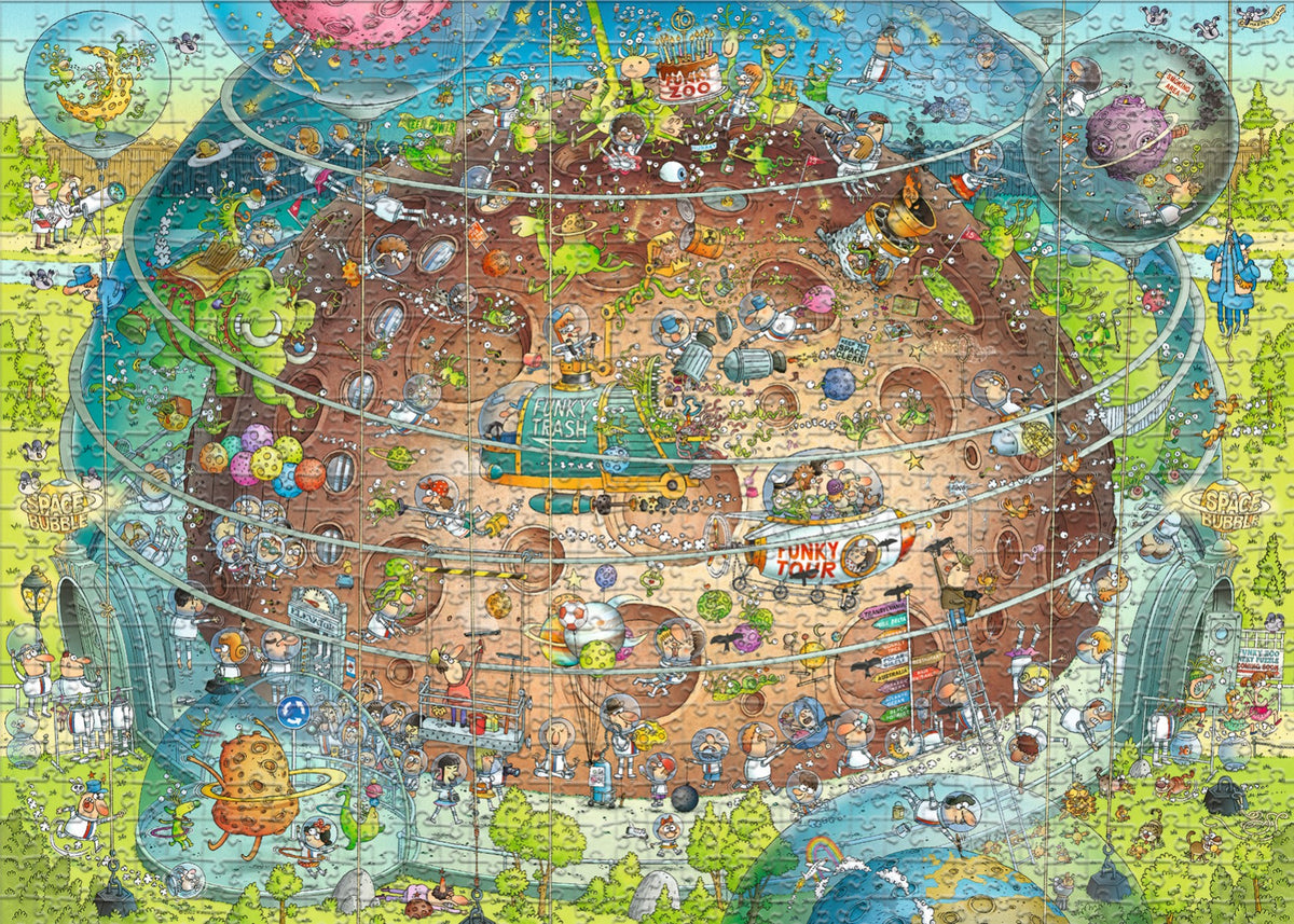 A heye 1000-piece jigsaw puzzle featuring a whimsical cosmic habitat scene with various cartoon animals and celestial motifs.