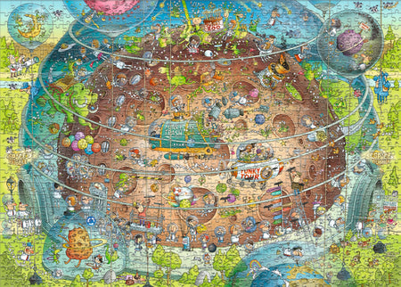 A heye 1000-piece jigsaw puzzle featuring a whimsical cosmic habitat scene with various cartoon animals and celestial motifs.