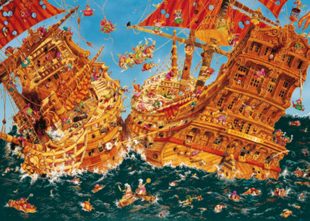 Heye Diamond Dick A colorful 1000-piece jigsaw puzzle depicting a cartoon ship with a large diamond at its center, surrounded by smaller boats and a backdrop of the ocean and sky.