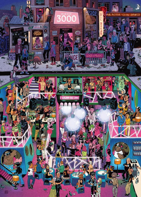 heye "disco 3000" 1000-piece jigsaw puzzle of a busy city street and inside of club with people