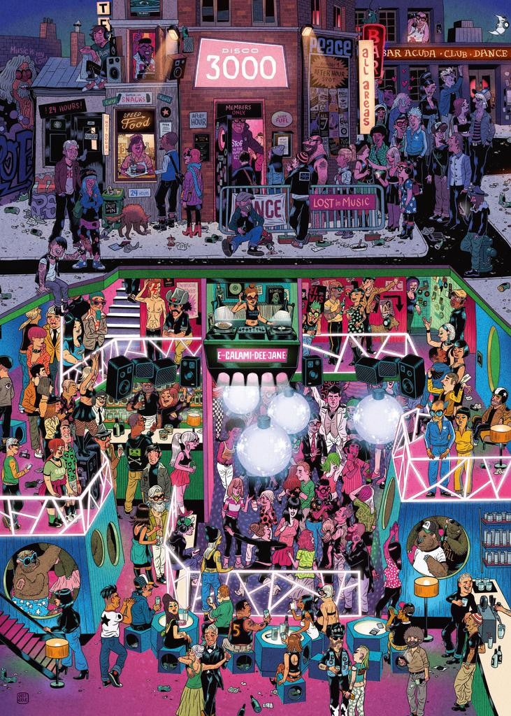 heye "disco 3000" 1000-piece jigsaw puzzle of a busy city street and inside of club with people