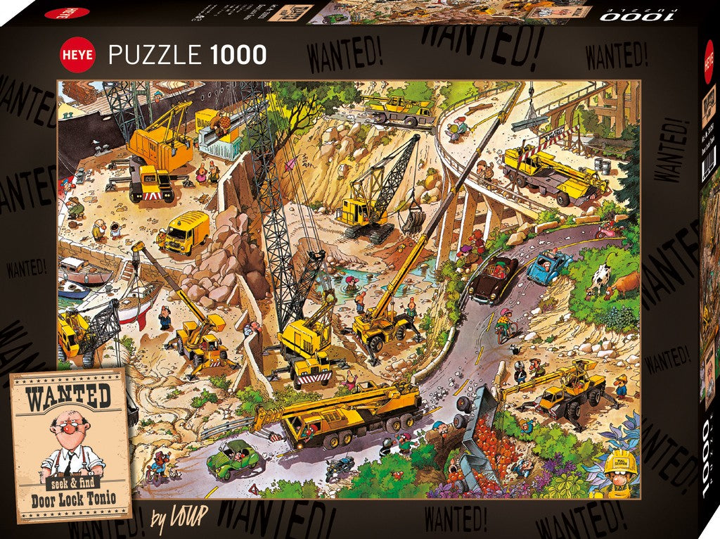 Puzzle box with construction scene and 'Wanted!' poster design