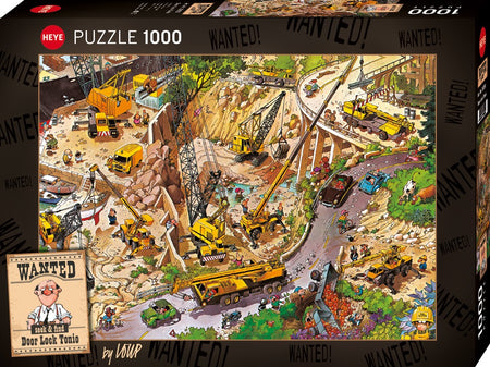 Puzzle box with construction scene and 'Wanted!' poster design