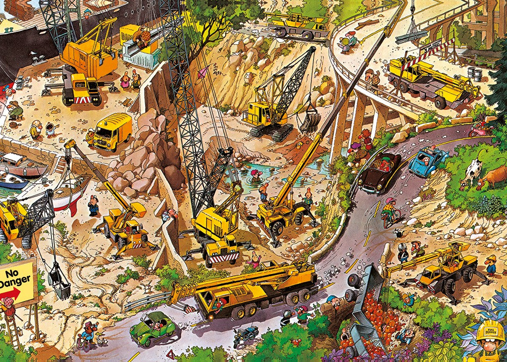 Heye Door Lock Tonio 1000-piece jigsaw puzzle depicting a cartoon scene with multiple characters and vehicles, including a construction, truck and a police car