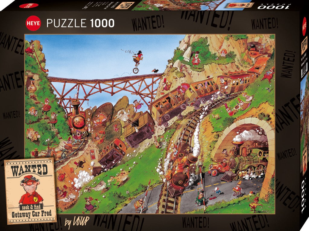 Puzzle box with a colorful illustration of a train and characters on a bridge, featuring 'Wanted!' posters.
