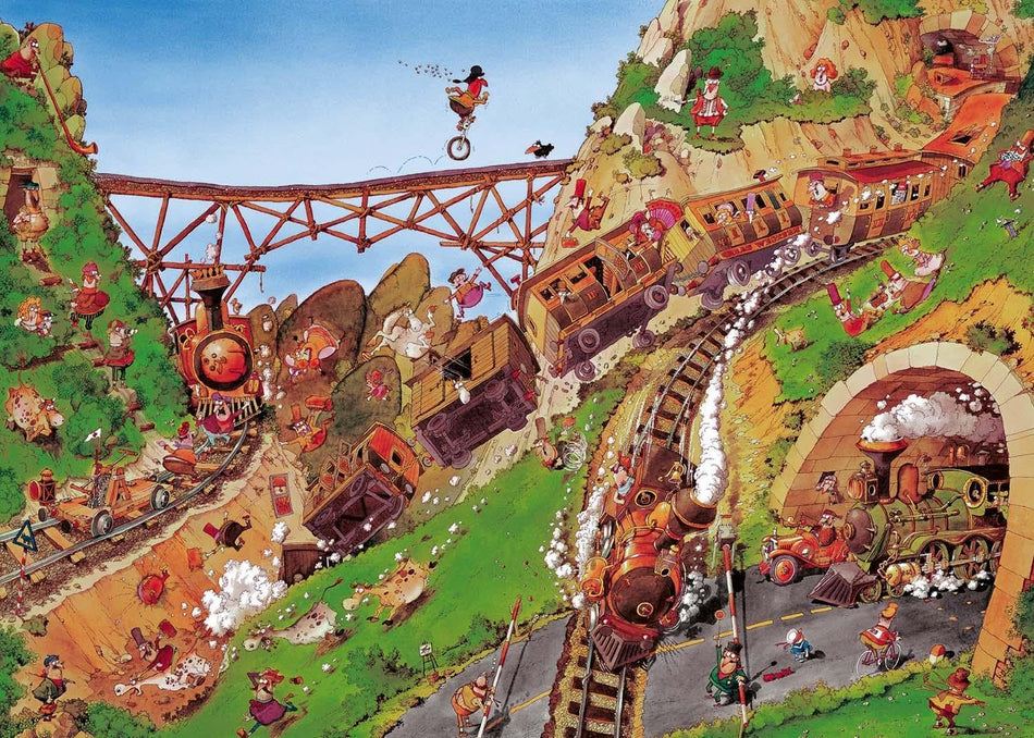 intricate seek and find 1000-piece jigsaw puzzle from heye depicting a train scene with multiple characters and elements, such as a getaway car, set against a rustic backdrop.