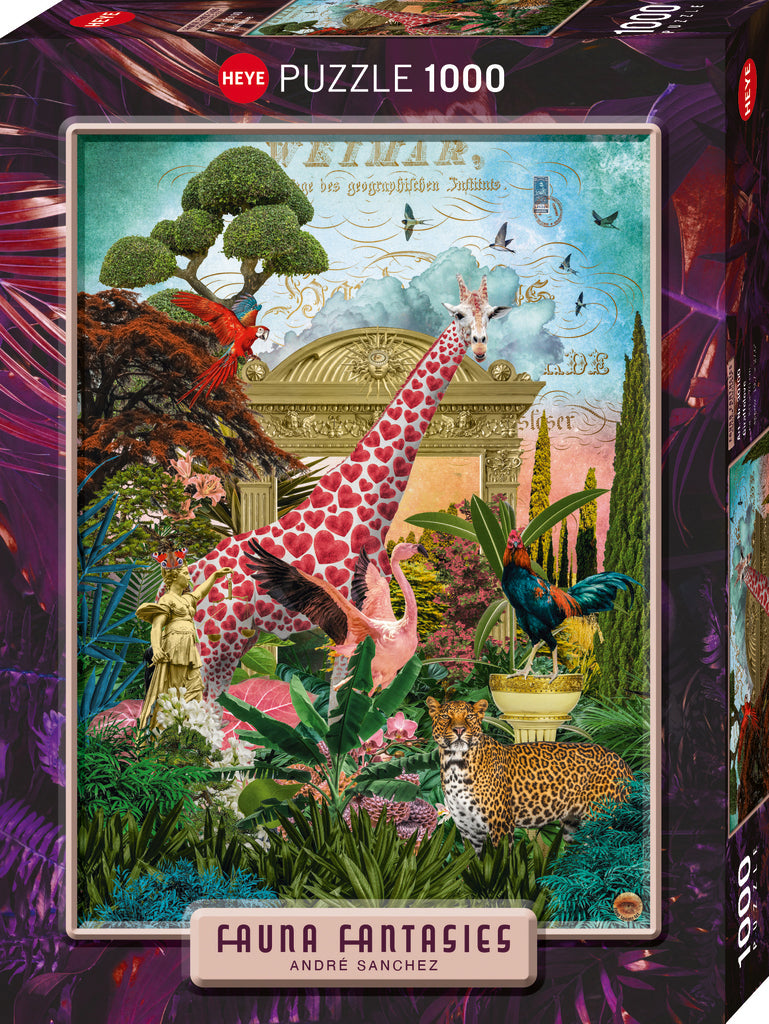 Jigsaw puzzle box with a colorful illustration of animals and architecture, featuring the brand 'Heye'.