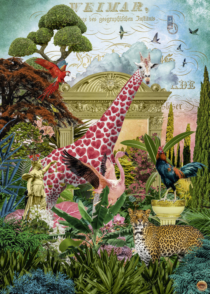 heye giraffolove jigsaw puzzle depicting collage of animals and nature with a classical building in the background